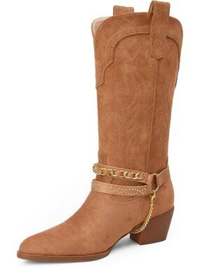 Women's Brown Western Boots with Embroidered, Pull on Style, Faux Leather